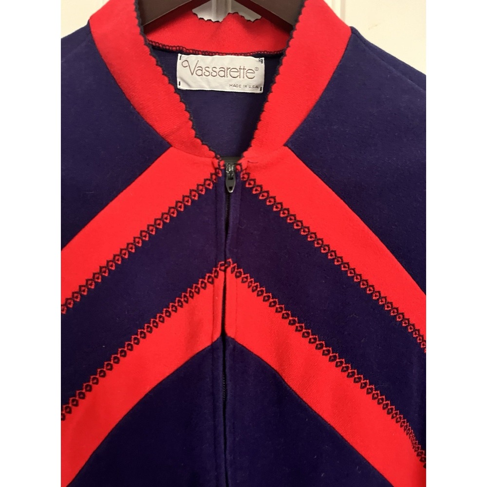 VTG Vassarette Velour Long Robe Zip Dress House Coat Med Blue Red Mrs. Roper 202 - Picture 4 of 5